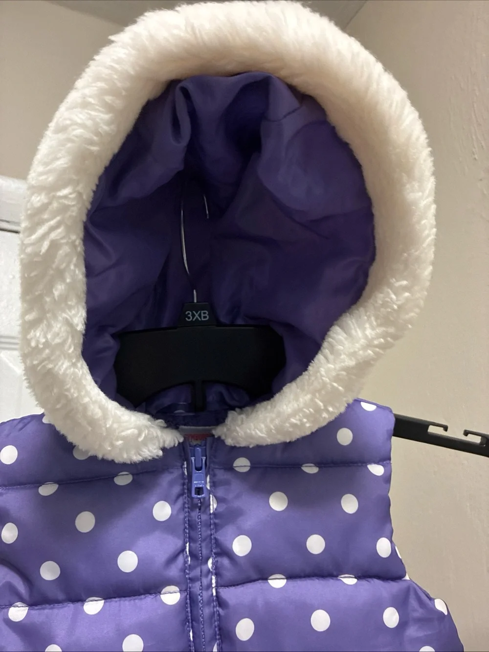 Gymboree Purple Polka Dot Hooded Puffer Vest with Faux Fur Trim